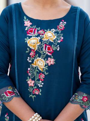 Floral Embroidered Pure Silk A-Line Kurta with Trouser & Dupatta 2