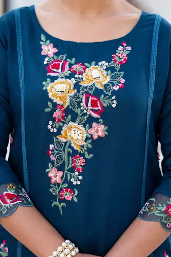 Floral Embroidered Pure Silk A-Line Kurta with Trouser & Dupatta
