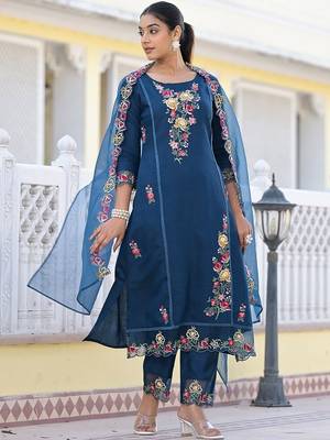 Floral Embroidered Pure Silk A-Line Kurta with Trouser & Dupatta 3