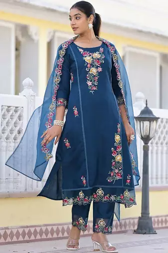 Floral Embroidered Pure Silk A-Line Kurta with Trouser & Dupatta