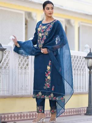 Floral Embroidered Pure Silk A-Line Kurta with Trouser & Dupatta 4