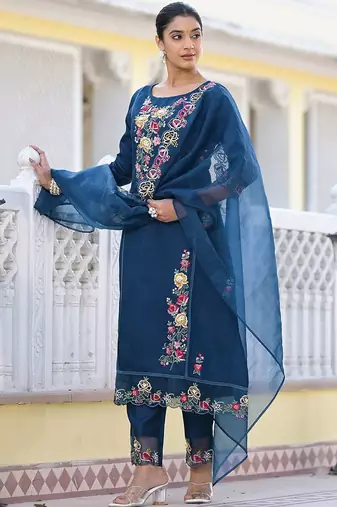 Floral Embroidered Pure Silk A-Line Kurta with Trouser & Dupatta