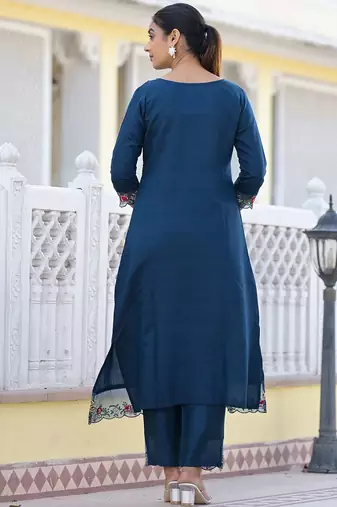 Floral Embroidered Pure Silk A-Line Kurta with Trouser & Dupatta