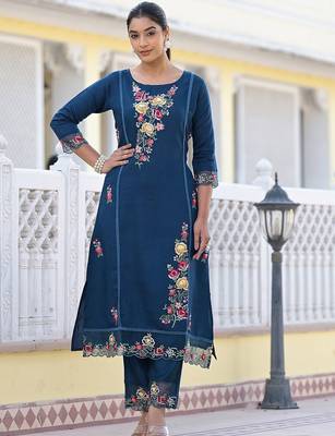 Floral Embroidered Pure Silk A-Line Kurta with Trouser & Dupatta 6