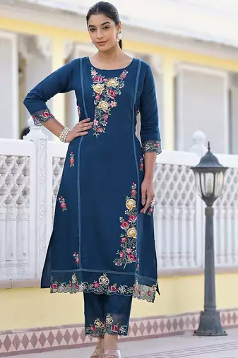 Floral Embroidered Pure Silk A-Line Kurta with Trouser & Dupatta