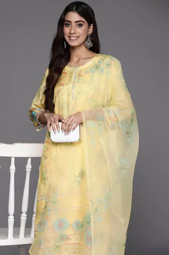 Floral Printed Zari Regular Kurta with Trousers & Dupatta