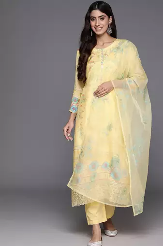 Floral Printed Zari Regular Kurta with Trousers & Dupatta