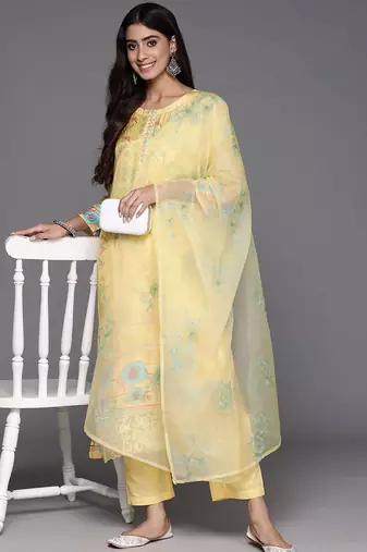 Floral Printed Zari Regular Kurta with Trousers & Dupatta