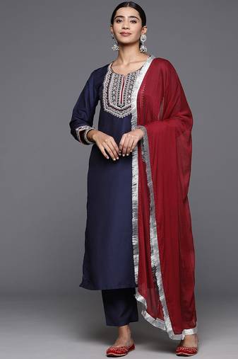 Women Ethnic Motifs Embroidered Regular Kurta with Trousers & With Dupatta