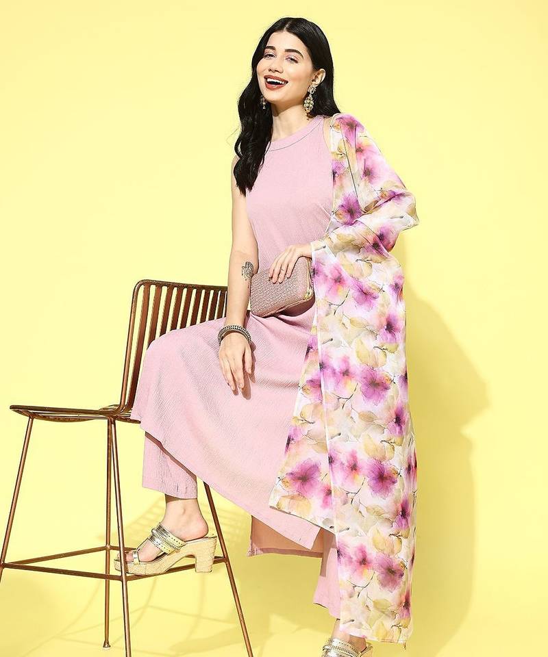 Regular Halter Neck Silk Crepe Kurta with Trousers & Dupatta