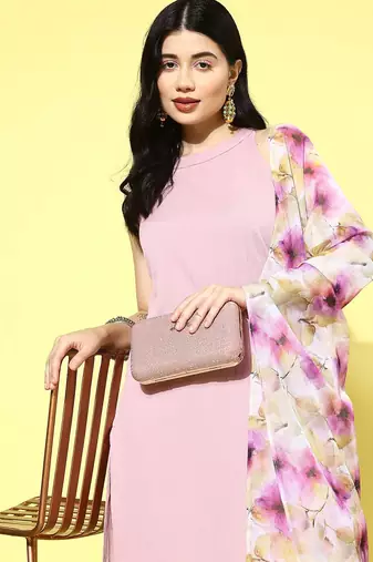 Regular Halter Neck Silk Crepe Kurta with Trousers & Dupatta