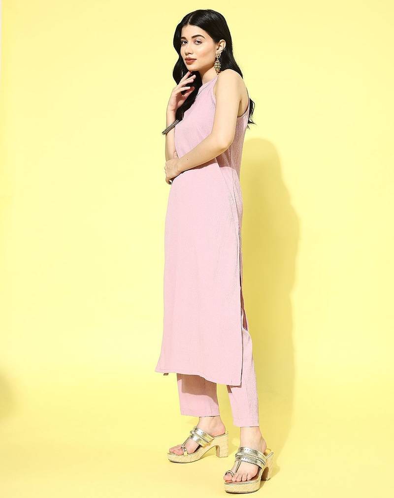 Regular Halter Neck Silk Crepe Kurta with Trousers & Dupatta