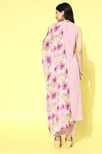 Regular Halter Neck Silk Crepe Kurta with Trousers & Dupatta