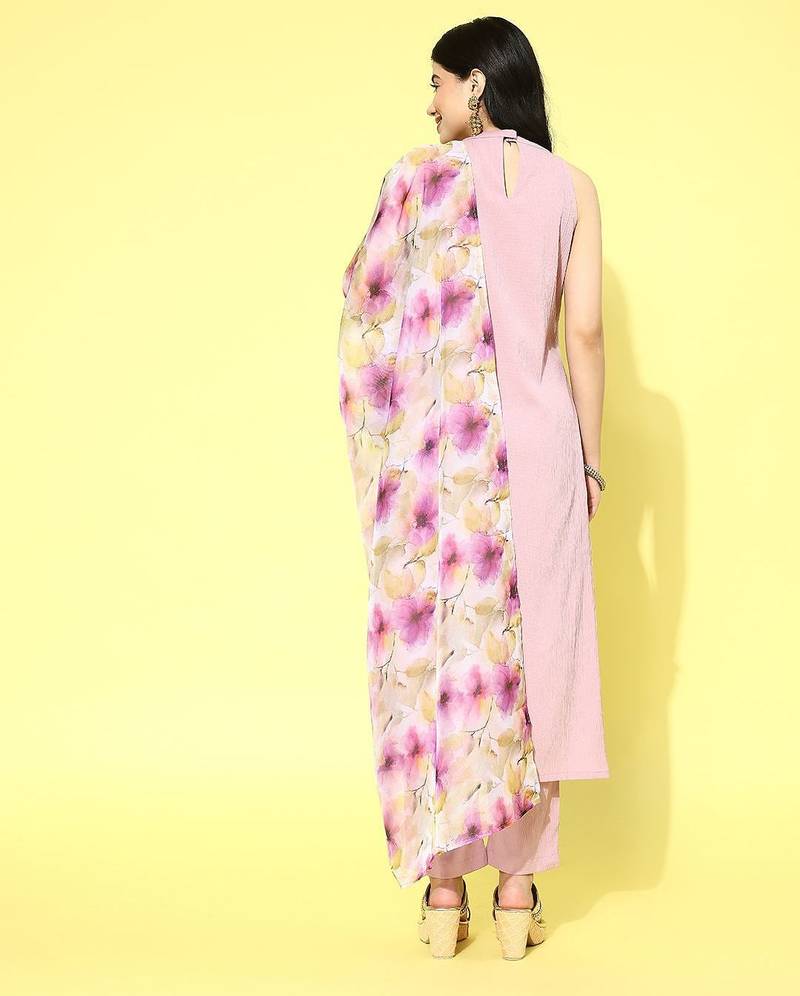 Regular Halter Neck Silk Crepe Kurta with Trousers & Dupatta