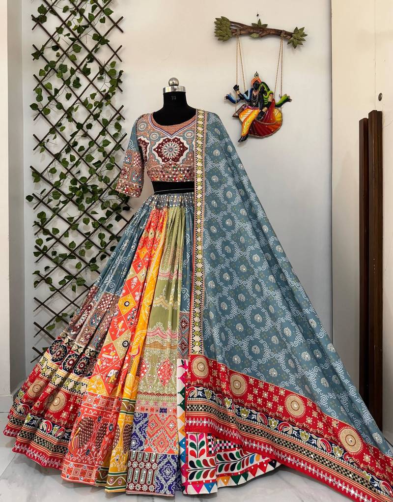 Grey Mirror Navratri Lehenga Choli With Dupatta