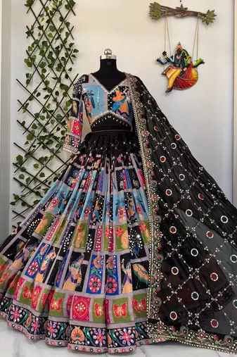Black Thread Navratri Lehenga Choli With Dupatta