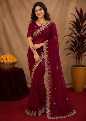 rani pink soft shimmer chiffon embroidery work designer saree with unstitched blouse piece 1