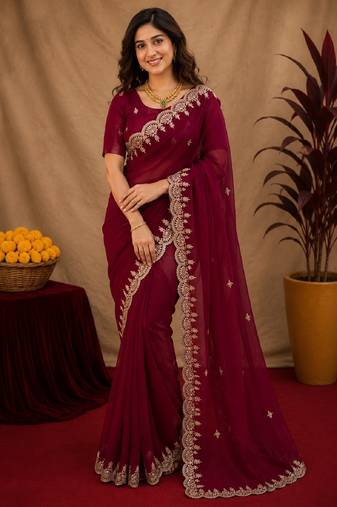 rani pink soft shimmer chiffon embroidery work designer saree with unstitched blouse piece