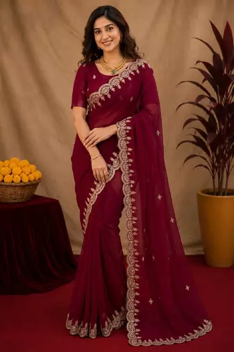 rani pink soft shimmer chiffon embroidery work designer saree with unstitched blouse piece