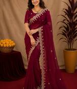 rani pink soft shimmer chiffon embroidery work designer saree with unstitched blouse piece