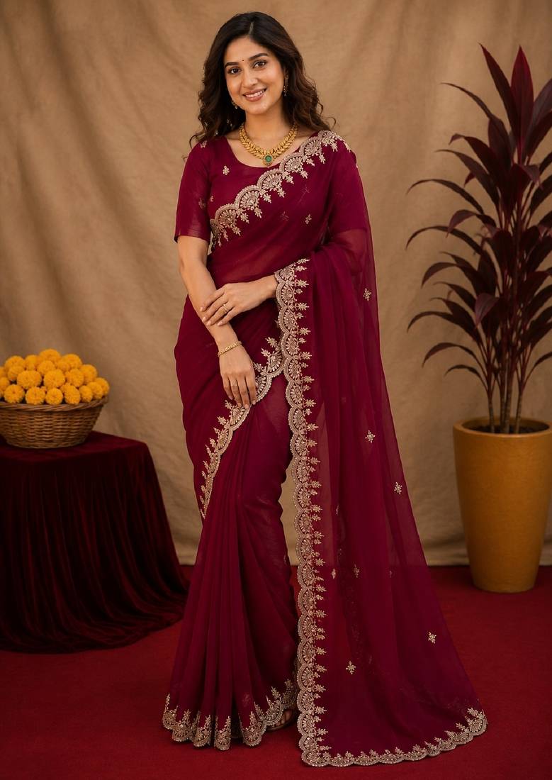 rani pink soft shimmer chiffon embroidery work designer saree with unstitched blouse piece
