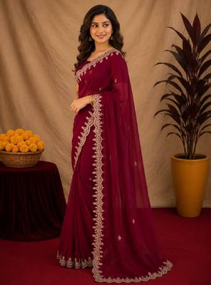 rani pink soft shimmer chiffon embroidery work designer saree with unstitched blouse piece 2