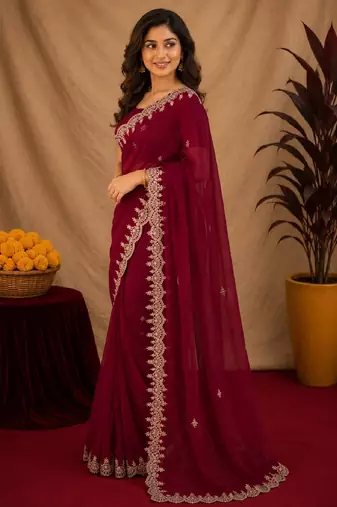 rani pink soft shimmer chiffon embroidery work designer saree with unstitched blouse piece