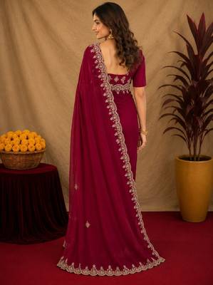rani pink soft shimmer chiffon embroidery work designer saree with unstitched blouse piece 3