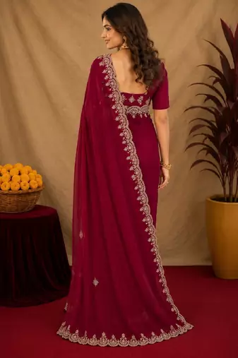 rani pink soft shimmer chiffon embroidery work designer saree with unstitched blouse piece