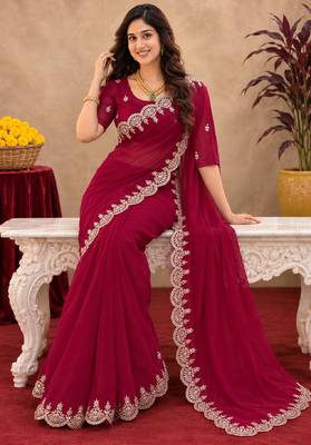 rani pink soft shimmer chiffon embroidery work designer saree with unstitched blouse piece 4