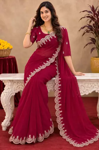 rani pink soft shimmer chiffon embroidery work designer saree with unstitched blouse piece