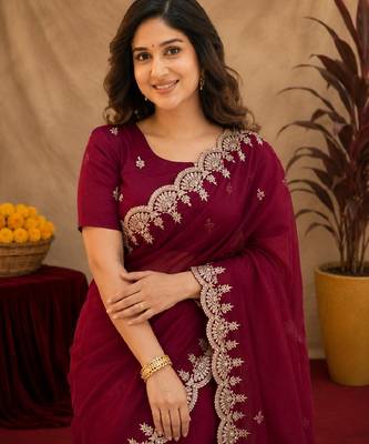 rani pink soft shimmer chiffon embroidery work designer saree with unstitched blouse piece 5