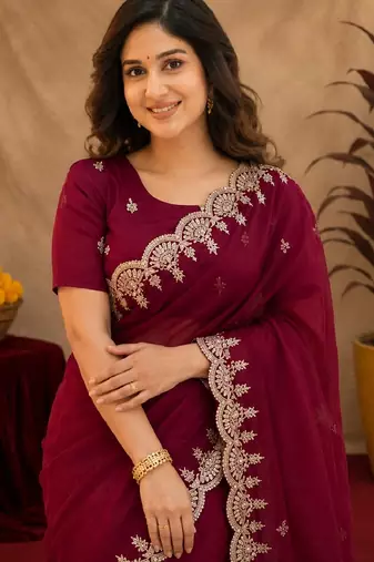 rani pink soft shimmer chiffon embroidery work designer saree with unstitched blouse piece