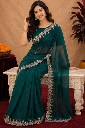turquoise soft shimmer chiffon embroidery work designer saree with unstitched blouse piece