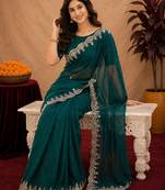 turquoise soft shimmer chiffon embroidery work designer saree with unstitched blouse piece