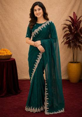 turquoise soft shimmer chiffon embroidery work designer saree with unstitched blouse piece 2