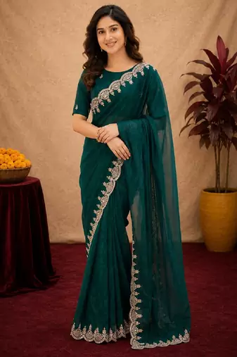 turquoise soft shimmer chiffon embroidery work designer saree with unstitched blouse piece