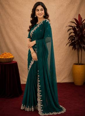 turquoise soft shimmer chiffon embroidery work designer saree with unstitched blouse piece 3