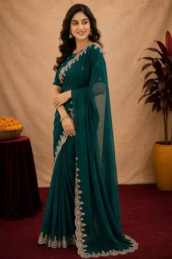 turquoise soft shimmer chiffon embroidery work designer saree with unstitched blouse piece