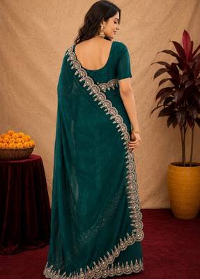 turquoise soft shimmer chiffon embroidery work designer saree with unstitched blouse piece 4