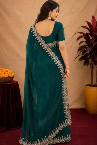 turquoise soft shimmer chiffon embroidery work designer saree with unstitched blouse piece