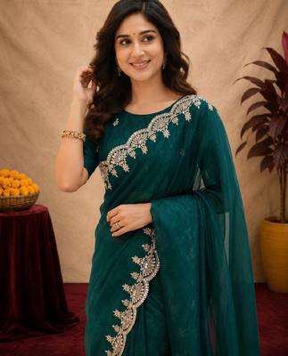 turquoise soft shimmer chiffon embroidery work designer saree with unstitched blouse piece 5