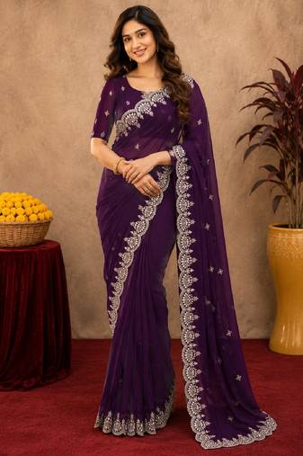 wine soft shimmer chiffon embroidery work designer saree with unstitched blouse piece