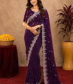 wine soft shimmer chiffon embroidery work designer saree with unstitched blouse piece