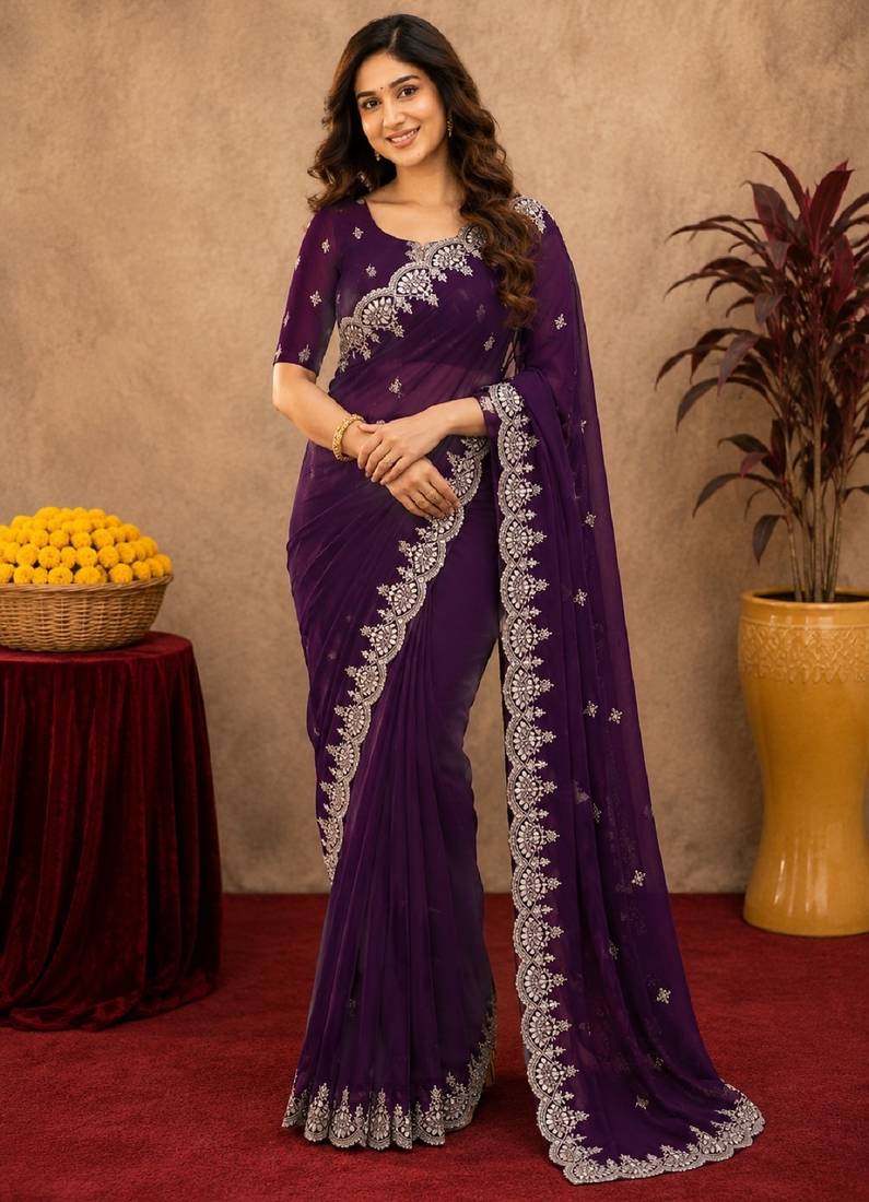 wine soft shimmer chiffon embroidery work designer saree with unstitched blouse piece