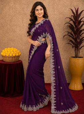 wine soft shimmer chiffon embroidery work designer saree with unstitched blouse piece 2