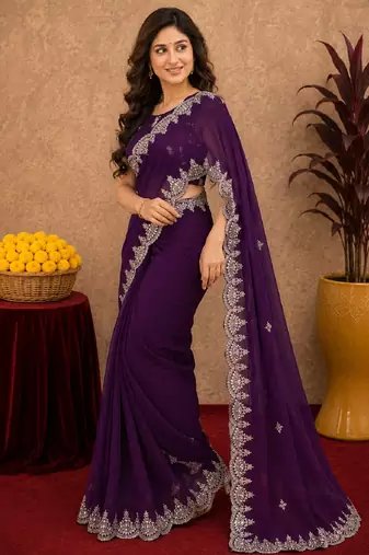 wine soft shimmer chiffon embroidery work designer saree with unstitched blouse piece