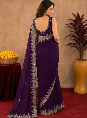 wine soft shimmer chiffon embroidery work designer saree with unstitched blouse piece 3