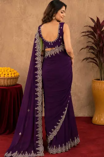 wine soft shimmer chiffon embroidery work designer saree with unstitched blouse piece
