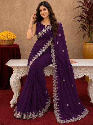 wine soft shimmer chiffon embroidery work designer saree with unstitched blouse piece 4